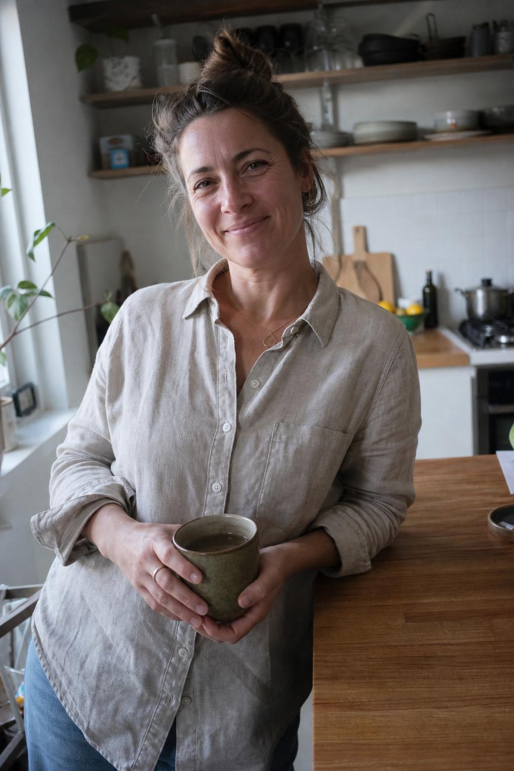 ​Afvallen Zonder Tellen , de maker van Afvallen Zonder Tellen, in een rustige keuken met verse kruiden
